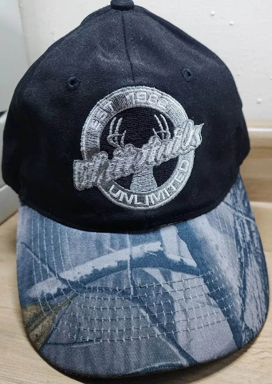 Whitetail Unlimited Hat Baseball Cap Men's Adjustable Black Camo Antler Logo